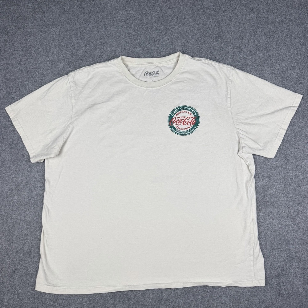 Coca Cola Shirt Mens XL Cream Thirst Quenching Enjoy Ice Cold Vintage Bottle Tee